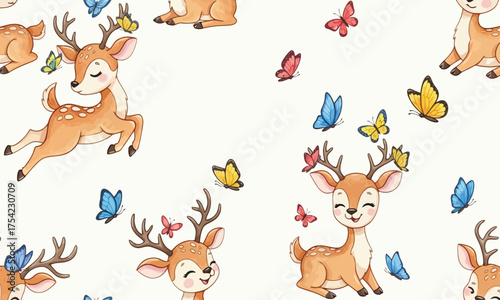 Cute deer and butterflies seamless pattern illustration