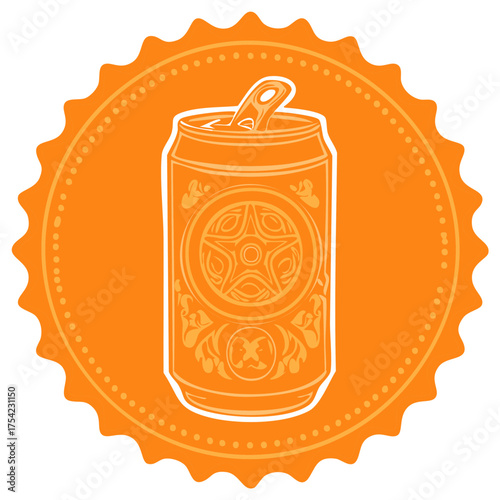 Stylized drink can on an orange decorative seal, featuring ornate design with star and patterns