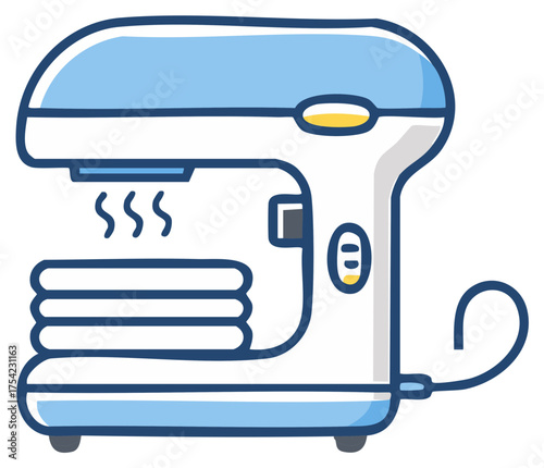 Cartoon illustration of a compact clothes steamer sanitizing stacked fabrics in a clean blue and white design
