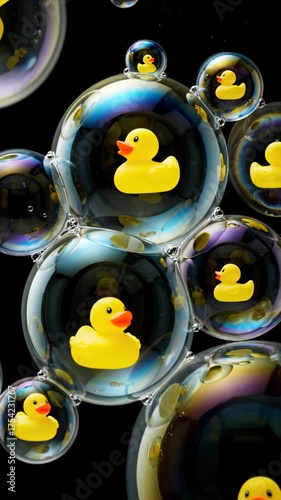 Yellow rubber duck toy floating inside transparent soap bubbles, black background. Playful childhood concept for bath time fun.