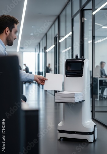 Autonomous robot delivering plain documents to employees in a modern office corridor, candid shot, no logos, no text, no brand names, no recognizable faces.