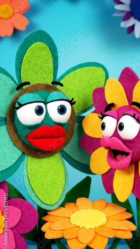 Two colorful felt flowers with googly eyes and mouths expressing emotions. Funny flower character animation for children's content.