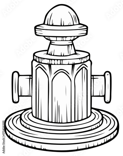 Detailed black and white line art illustration of a classical architectural finial with a dome top and tiered base