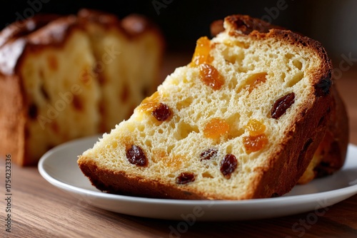 Close-up of a slice of panettone with dried fruits on a plate