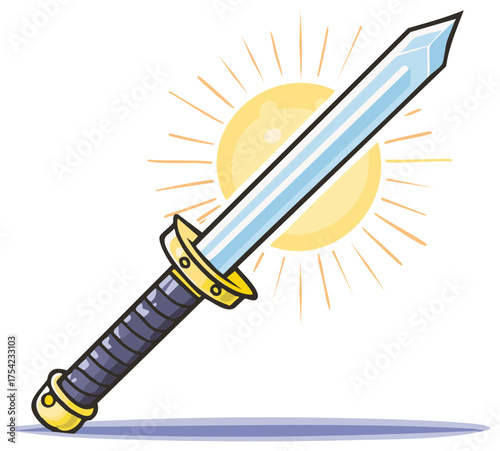 Illustration of a cartoon style sword with blue blade and black handle against a shining sun