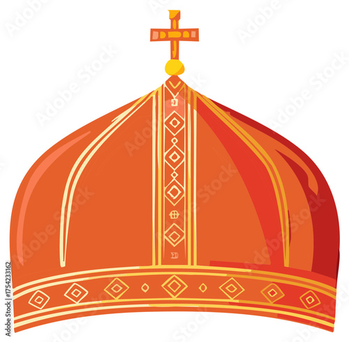 Bright Orange Mitre with Cross: A Symbol of Religious Authority and Tradition, Ornamented with Gold Geometric Patterns