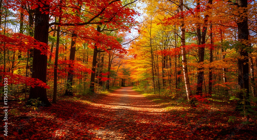 Obraz premium Enchanting Autumn Forest Path with Golden and Red Leaves.