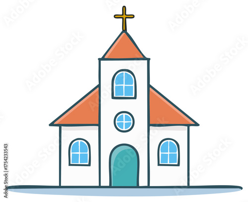 Adorable Cartoon Church Building with Cross and Windows Simple Religious Icon