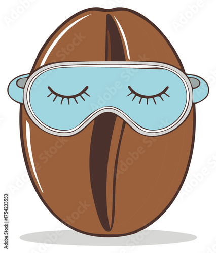 Cute Cartoon Coffee Bean Character Sleeping with a Blue Eye Mask Vector Illustration