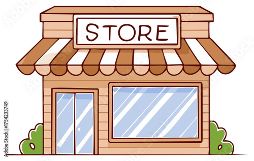 Cute cartoon store building illustration with striped awning and shopfront window