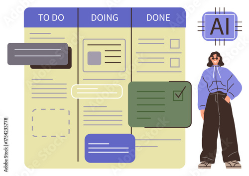 Kanban board labeled To Do, Doing, and Done, tasks represented as cards, AI chip graphic, relaxed person in casual wear. Ideal for productivity, project management, teamwork AI application time