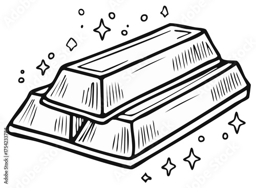 Stacked gold bullion bars with sparkling stars and circles in a hand-drawn outline style.