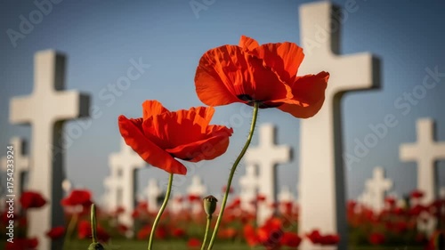 Vibrant red poppies sway gently in the breeze, framed by white crosses in a solemn remembrance day scene, camera pans to capture the serene atmosphere