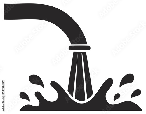 Pipe pouring liquids into water, creating splash, water pouring from pipe, icon