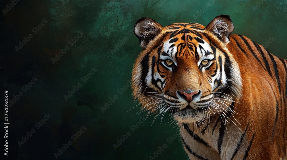 Fototapeta premium Stunning tiger portrait showcasing intricate details of its fur and vivid expression against a dark, lush background