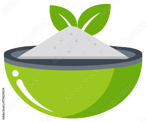 Green bowl filled with white powder and leaves, herbal remedy illustration