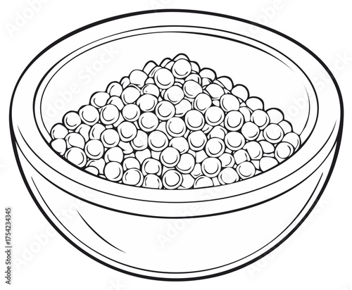 Bowl full of round candies, confectionery in black and white drawing style, food illustration