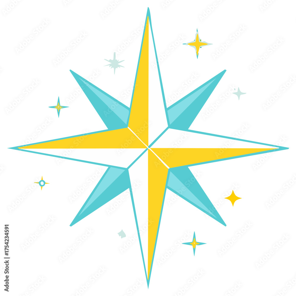 Obraz premium Mid Century Modern Style Starburst Design with Bright Teal and Yellow Colors and Sparkles