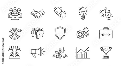 Business management line icon set. Teamwork, handshake, strategy, idea, delegation, target, security, process, portfolio, presentation, marketing, launch, growth, award. Vector.
