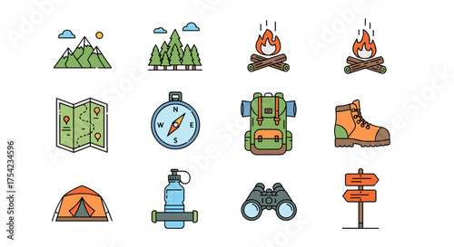 Outdoor camping hiking adventure vector icon set. Nature recreation equipment symbols collection. Mountain forest campfire compass backpack boots tent water bottle binoculars trail signs