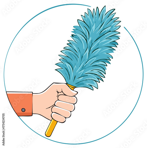 Cartoon hand holding a fluffy blue feather duster for dusting and cleaning tasks