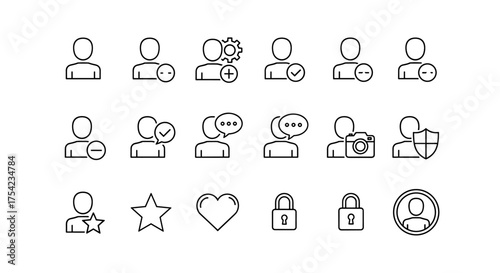 User Profile Icon Set. People Outlines with Plus Minus Settings Tick Chat Photo Camera Shield Security Star Favorite Heart Lock Account Symbols. Minimalist Line Style Vector Pack
