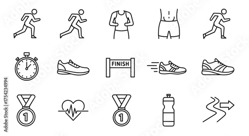 Running and marathon line icon set. Vector symbols of runner, sport, fitness, workout, jogging, speed, winner, medal, finish, route, shoes, stopwatch, heart rate.