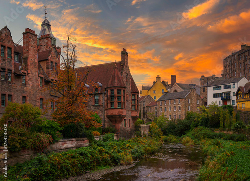 Dean Village and Water of Leith Walkway in Edinburgh, Scotland, a tranquil green space landscape in the metropolitan capital.