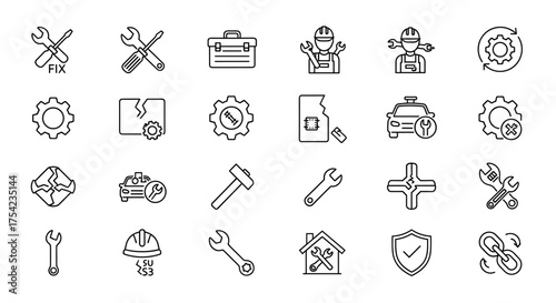 Professional repair maintenance service tools icons collection vector illustration. Technical fix equipment wrench screwdriver gear mechanics toolbox worker construction industrial symbols