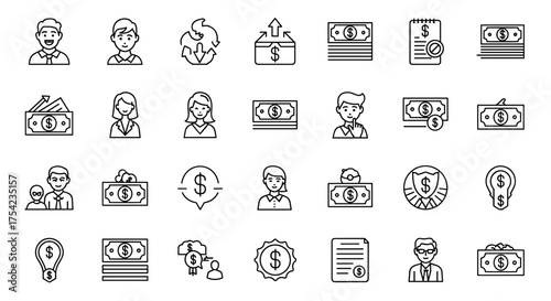 Finance and money business line icon set. People, payment, investment, cash flow, savings concepts. Dollar, currency, banking, profit, income, salary and financial success.
