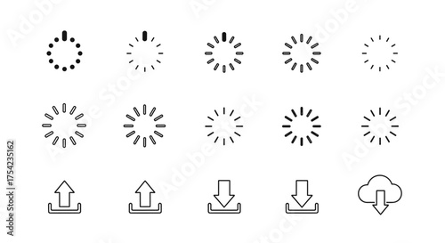 Set of loading progress, upload and download icons. User interface elements for web and mobile design. Circular buffer loader, spinner, and data transfer signs collection.