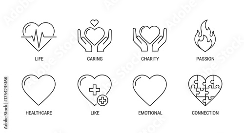 Heart icons set with life, caring, charity, passion, healthcare, like, emotional, and connection, love symbols collection, health and emotion vector line art