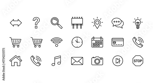 A comprehensive set of 21 essential thin line icons for web and mobile applications. Universal symbols for business, communication, e-commerce, navigation and media concepts.