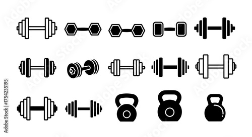 Dumbbell and kettlebell icon set. Gym fitness equipment for workout and bodybuilding. Vector symbol collection for weightlifting, strength training. Healthy lifestyle sport pictograms.