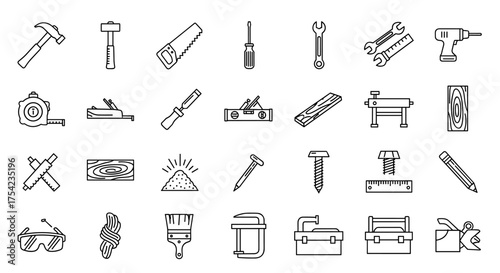 Carpentry and woodworking tools line icon set. Construction, repair and renovation equipment. Hammer, saw, drill, screwdriver, wrench and toolbox vector graphic symbols.