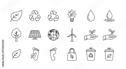Ecology and environment icon set. Thin line icons for sustainability, recycling, green energy. Vector symbols of nature, conservation, renewable resources, and eco friendly concepts.