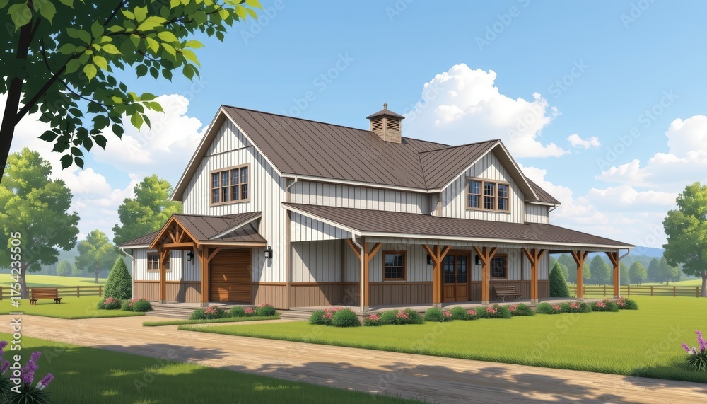 Fototapeta premium Charming farmhouse with a porch and scenic landscape.