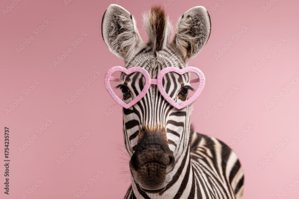 Fototapeta premium Cute zebra wear red heart shaped sunglasses on pink background. Tabby happy zebra with eyeglasses. Pet party. Valentines Day. Love animal wearing heart shape glasses isolated. Poster, calendar, card