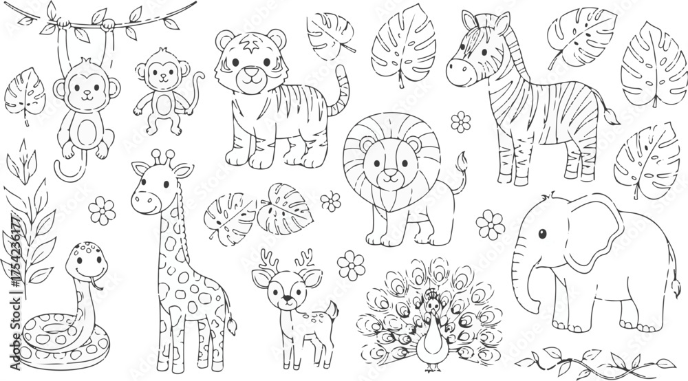 Fototapeta premium Black and white line art jungle safari animals vector set for kids coloring pages