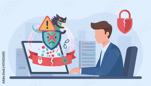 Cybersecurity threat: cartoon monster attacking laptop with shield and warning sign, representing ransomware, malware, and data breach, with broken lock symbol and server background, business concept