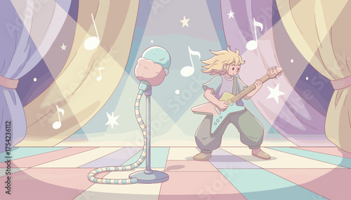 Charming Soft Pastel Stage Performance: A Young Guitarist Rocks Out Beside a Quirky Microphone, Surrounded by Musical Notes and Stars, Evoking a Dreamy, Whimsical Atmosphere for Creative Projects.