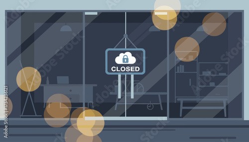 Digital Cloud Security Closed Sign Hanging on Glass Door of Modern Office or Store, symbolizing Data Protection and Business Interruption During Off-Hours or System Maintenance