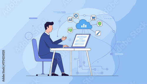 SaaS Software as a Service Cloud Computing Concept with Connected Devices and Network Icons, Digital Technology and Internet Services for Business Growth and Data Management