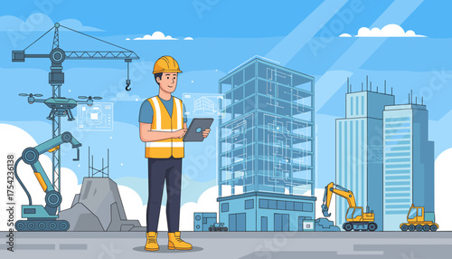 Construction Site with Engineer Using Tablet, Drone, Robot Arm, Crane, Excavator, and Modern Buildings Under Blue Sky with Clouds