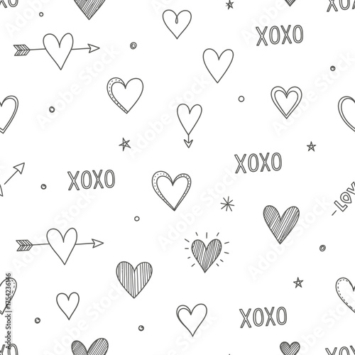 Black and white seamless pattern with hearts, arrows, stars, and the text XOXO scattered on a white background.