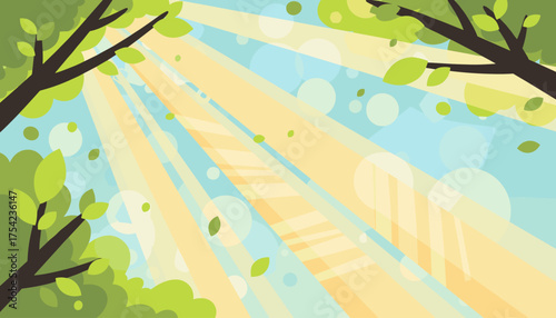 Vibrant Summer Sunlight Filtering Through Lush Green Tree Branches, Casting Warm Rays and Gentle Bokeh Circles on a Clear Blue Sky Background, Nature's Beauty