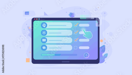 Digital Survey Form Concept: Interactive Questionnaire on Tablet with Checkboxes, Hand Cursor, and Educational Icons Representing Online Learning and Progress Tracking