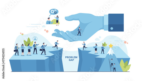 Business team overcoming challenges, crossing a problem gap with a helping hand and reaching goals, symbolizing mentorship, support, and teamwork for success.