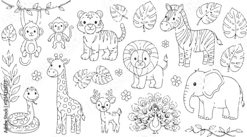 Black and white line art jungle safari animals vector set for kids coloring pages
