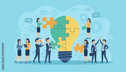 Diverse business team collaborates to build a giant lightbulb puzzle, symbolizing innovation, strategy, teamwork, and successful idea generation in a modern corporate setting.